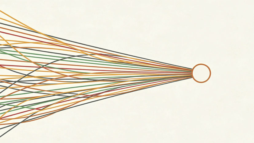 Abstrakte Header-Grafik, die Projektmanagement symbolisiert: Viele unstrukturierte, farbige Linien laufen von links kommend in einem geordneten, zentralen Knotenpunkt auf der rechten Seite zusammen. Dies visualisiert die Bündelung und Organisation von Aufgaben in einem Großprojekt.