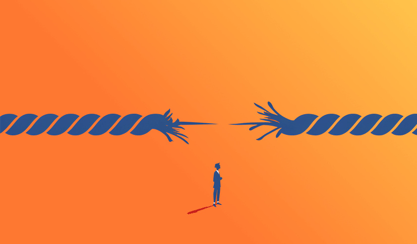 Minimalistische Illustration vor orangem Hintergrund: Ein dickes, blaues Tau steht kurz vor dem Zerreißen. Darunter blickt eine kleine Silhouette einer Person nach oben auf die Bruchstelle – ein Sinnbild für eine erreichte oder überschrittene Risikofähigkeit.